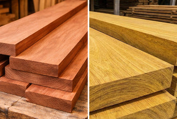 Mahogany and mvule hardwood timber boards showing differences in colour and grain in Kenya.